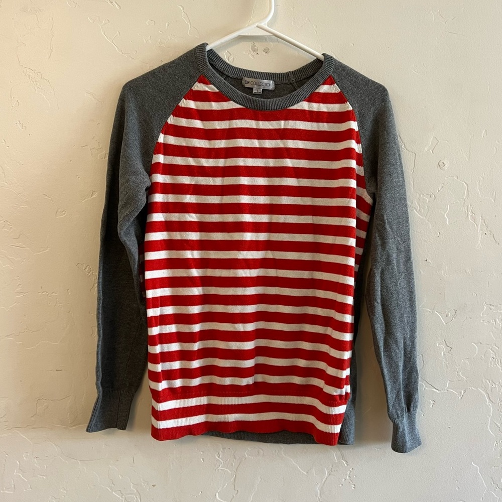 De Collection Striped Mixed Media Crewneck Sweater Large